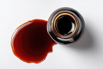 Spilled dark brown liquid from a jar onto a white surface.