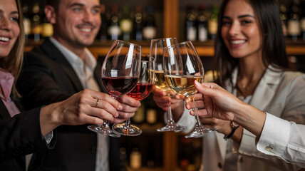 Friends enjoying a joyful toast at a wine bar during a lively evening gathering with smiles and laughter