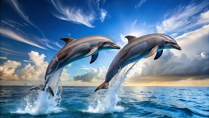 Oceanic Ballet Two Dolphins Leap Gracefully Through Azure Waters Under a Dramatic Sky