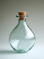 Empty, clear glass bottle with a cork stopper against a neutral background. Studio lighting.