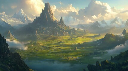 Majestic mountainous landscape features a large city in a wide valley