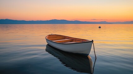 Tranquil lake scene with a lone boat at sunrise.