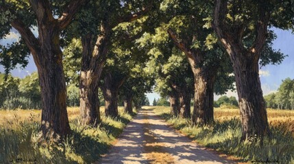 Fototapeta premium Sun-dappled path through tall trees, grassy fields.