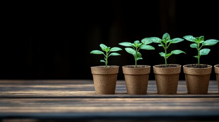 Obraz premium Five small plants in biodegradable pots on a wooden surface, showing growth stages against a dark background.