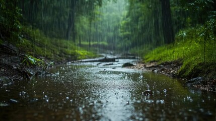 Naklejka premium Rain falls on stream, lush green forest.