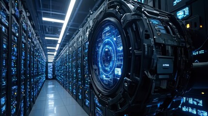 Fototapeta premium Futuristic server room with glowing blue circular technology and rows of data storage units.