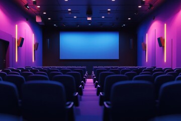 Fototapeta premium Cozy cinema interior with colorful lighting and empty seats ready for a screening