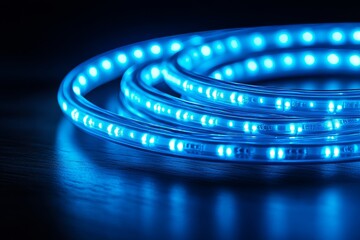 Interconnected blue rings that are illuminated lie on a dark surface and cast a soft blue glow around the object