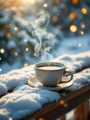 Fototapeta premium Steaming Cup of Coffee on a Snow Covered Porch, Cozy Winter Scene with Bokeh Lights