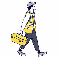 Cartoon Repairman Walking With Toolbox Wearing Safety Vest And Cap Illustration