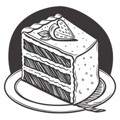 Hand Drawn Strawberry Cake Slice On Plate Black And White Illustration