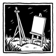 Easel With Canvas Outdoor Drawing In Black And White Monochromatic Sketch