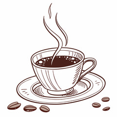 Steaming Coffee Cup With Beans Hand Drawn Vector Illustration On White Background