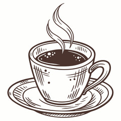 Elegant Sketch Illustration Of Steaming Coffee Cup On Saucer In Line Art Style