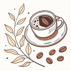 Coffee Cup With Coffee Bean And Leaves Sketch Illustration Vector Design