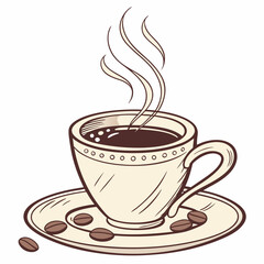 Hand Drawn Coffee Cup Illustration With Coffee Beans On A Saucer