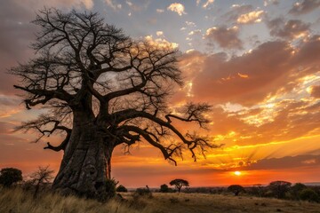 High-definition sunset illuminates a resilient, gnarled tree, its majesty captured in stunning landscape photography.