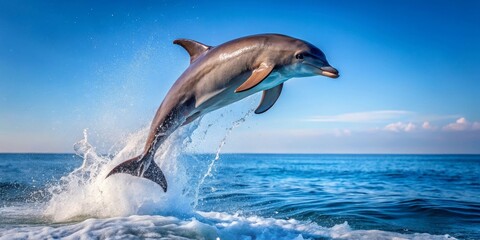 Fototapeta premium Oceanic Mammal Leaps High Above the Waves, Displaying Grace and Power in a Breathtaking Aerial Maneuver