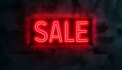 sale neon sign with glowing in red color on dark wall
