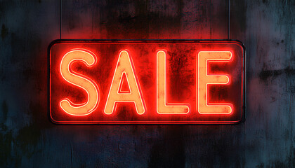 sale neon sign with glowing in red color on dark wall