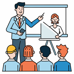 Cartoon Presentation Of Teacher Presenting Female Student Project To Class Audience