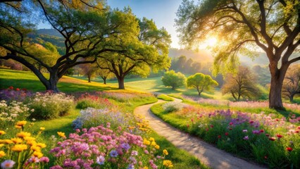 Naklejka premium Serene Spring Meadow Path A winding, sun-drenched trail meanders through a vibrant landscape of wildflowers and majestic trees, bathed in the warm glow of morning light.