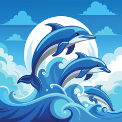 A playful pod of dolphins leaps joyfully above the crashing waves under a bright blue sky.