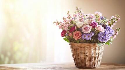Fototapeta premium Beautiful colorful flower bouquet in a wicker basket with roses lilies and purple blooms, bright natural lighting, home decor arrangement, fresh floral display