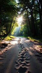 Obraz premium Sun-dappled sandy path disappearing into dense forest, green, canopy