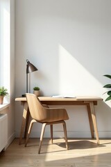 Modern wooden desk & chair against white wall Scandinavian home office , interior, decor, furniture