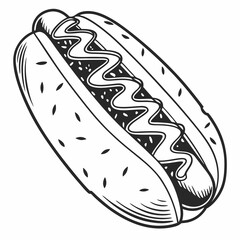 Monochrome Line Art Illustration Of A Delicious Hotdog With Mustard Sauce