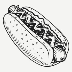 Monochrome Detailed Hotdog Illustration With Mustard Topping On Bun For Design Element