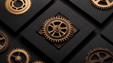 Obraz premium Gold gears on black square background. Steampunk style. Mechanical engineering concept.