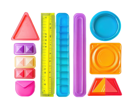 Colorful geometric classroom materials for top-down learning isolated on transparent background