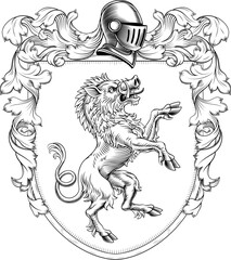 A boar coat of arms or crest family heraldry medieval heraldic animal knight shield. With helmet and acanthus filigree scroll ornament in a vintage woodcut style.