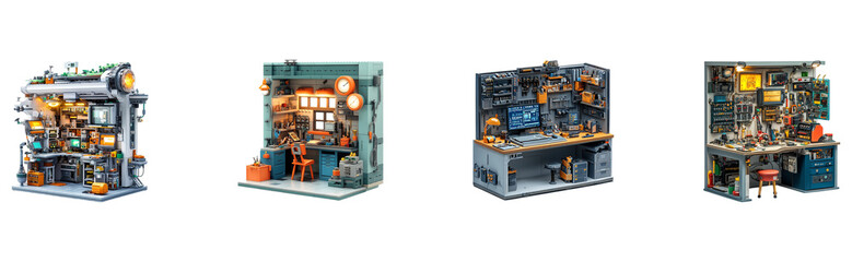 Miniature city buildings, showcasing diverse workshops and urban spaces.