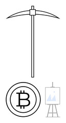 Mining pickaxe above Bitcoin symbol near canvas on easel representing cryptocurrency, blockchain, digital systems, investment, technology innovation, minimalism, flat simple metaphor