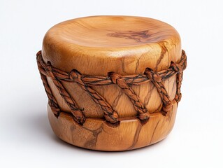A small, handcrafted drum made of light brown wood with dark brown rope detailing. The drum sits on a white background.