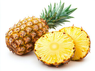 Whole Pineapple with Two Slices Isolated on White Background