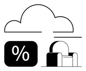 Cloud over percentage symbol and padlock outline suggest data storage, encryption, and security. Ideal for cloud computing, file sharing, cybersecurity, data protection, analysis, network security
