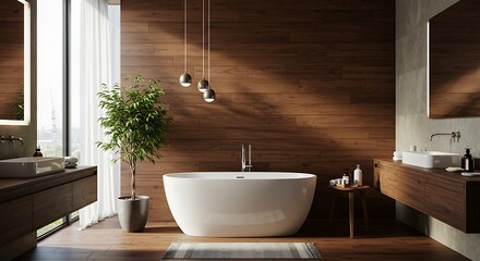 Fototapeta premium Modern Bathroom Interior with Freestanding Tub and Wood Accents