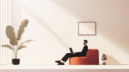 Minimalist Workspace with Man Working on Laptop in Bright Room