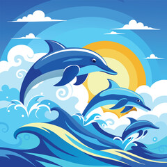 A playful pod of dolphins leaps joyfully above the crashing waves under a bright blue sky.