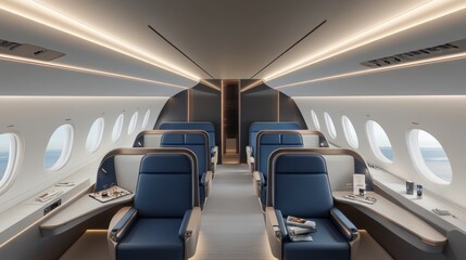 Luxurious private jet cabin interior with blue armchairs, light beige walls, and indirect lighting.
