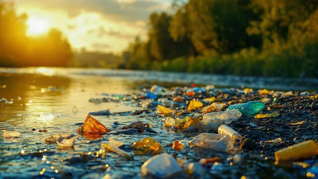 Pollution and waste management for health, A serene river scene tainted by colorful plastic waste, highlighting the impact of pollution on natural beauty at sunset.