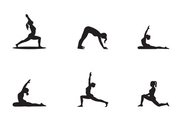 Flat yoga silhouette poses collection for  Women practicing yoga. International Day of Yoga. vector illustration