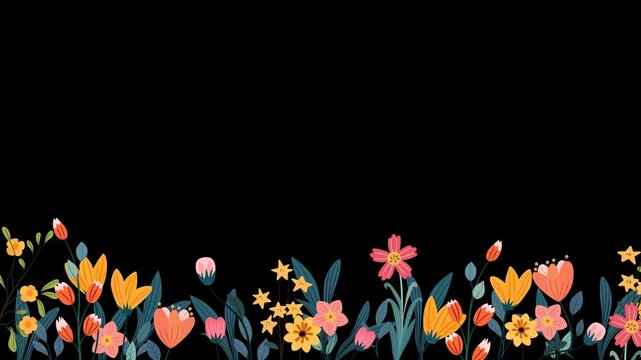 2D animation of flowers and leaves frame template, moving in wind appear. Seamless loop animation on transparent background