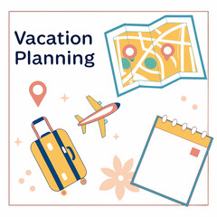 Vacation Planning Concept With Suitcase Airplane Map And Calendar Flat Illustration