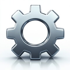 Close up view of a metallic gear on a white background. The gear is silver and has a reflective surface.