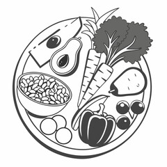 Monochrome Graphic Illustration Of Plate With Diverse Vegetables For Healthy Lifestyle